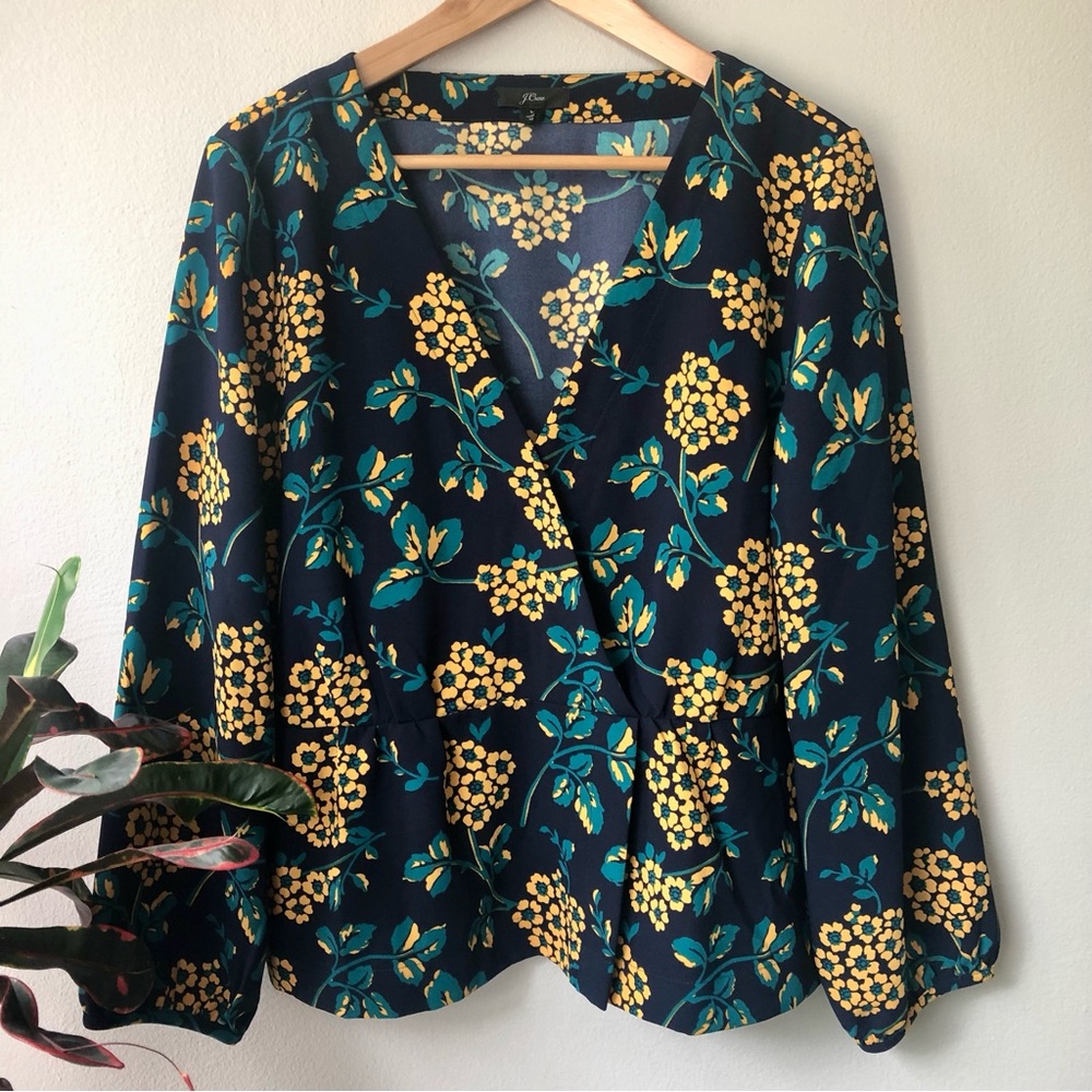 J. Crew Navy and Marigold Floral Crepe Top